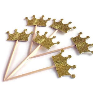 Prince / Princess Crown Gold Glitter Cupcake Toppers - Party Picks ...
