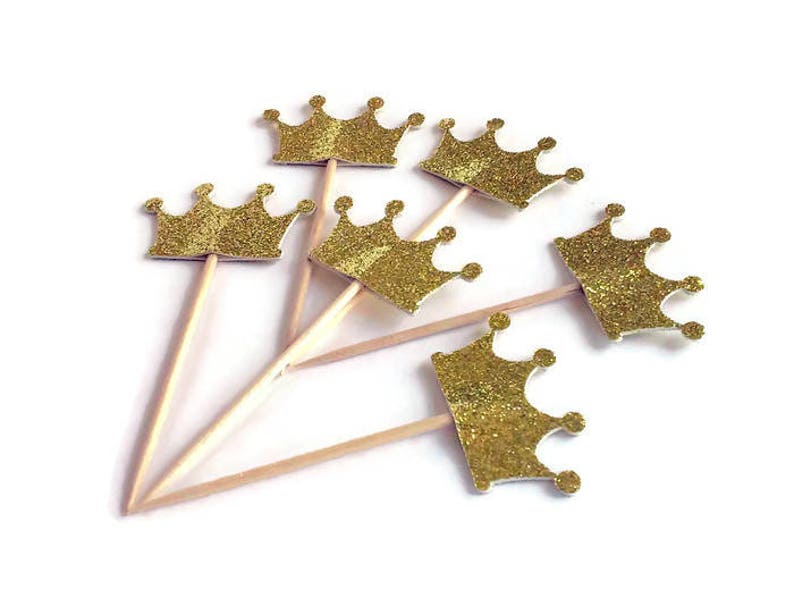 Prince / Princess Crown Gold Glitter Cupcake Toppers - Party Picks ...