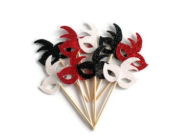 Red, Black and White Mardi Gras Mask Cupcake Toppers - Set of 12 Masquerade Party, Birthday Party, Costume, Bachelorette Party Fun Decor