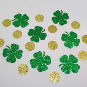 Glitter Shamrock Confetti  (100 pieces) Die Cut - Green and Gold, Coin, St Patrick's Day Party, Four Leaf Clover