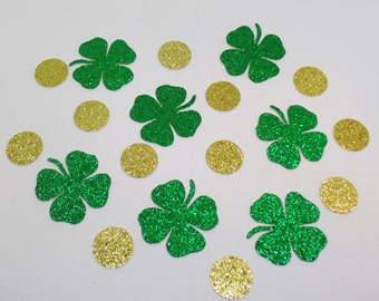Glitter Shamrock Confetti  (100 pieces) Die Cut - Green and Gold, Coin, St Patrick's Day Party, Four Leaf Clover