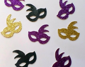 Mardi Gras Mask Confetti - (60 Pieces) Masquerade Party, Birthday Party, Bachelorette Party Fun Decor - Purple, Gold, Black Glitter Die Cut