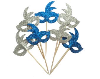 Royal Blue and Silver Mardi Gras Mask Cupcake Toppers - Set of 12+ Masquerade Party, Birthday Party, Bachelorette Party Fun Decor - Die Cut