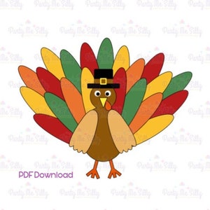May include: A cartoon turkey with a brown body, orange legs, and a red, yellow, and green tail. The turkey is wearing a black pilgrim hat with a gold buckle.