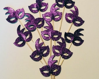 Purple Mardi Gras Mask Cupcake Toppers - Set of 12+ Masquerade Party, Birthday Party, Bachelorette Party Fun Decor - Die Cut