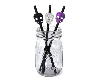 Skull Paper Straws - Halloween Party, Spooky, Day of the dead, Glitter Skulls