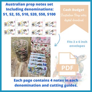 May include: Printable Australian prop notes set for play money. The set includes denominations of $1, $2, $5, $10, $20, $50, and $100. Each page contains four notes in each denomination with cutting guides. The notes feature a turtle design and the text "In the Bank".