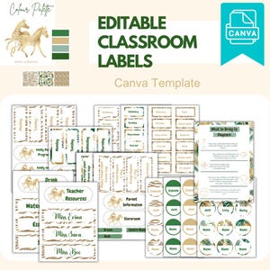 Puede incluir: Un conjunto de etiquetas de aula editables con temática de safari. Las etiquetas presentan una ilustración de cebra, detalles en verde y dorado, y texto como "Recursos para profesores" y "Qué llevar a la guardería". Plantilla de Canva.