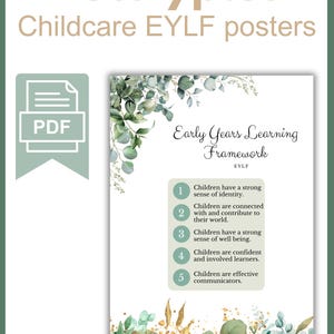 May include: A PDF poster with the text "Eucalyptus Childcare EYLF posters." The poster features the "Early Years Learning Framework" with five key points, surrounded by watercolor eucalyptus leaves and a green border.