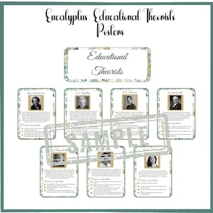 May include: A set of eight educational theorist posters with a eucalyptus theme. Each poster features a black and white photo of a famous educational theorist, their name, and a brief description of their theories in practice.