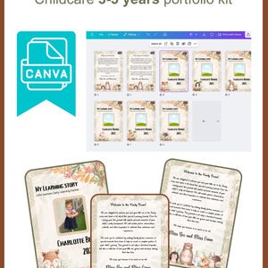 以下が含まれることがあります： 森をテーマにした保育用のポートフォリオキット。学習ストーリーとウェルカムメッセージのテンプレートが含まれています。デザインには、森の動物のイラストと「Woodland」と「CANVA」の文字が使用されています。