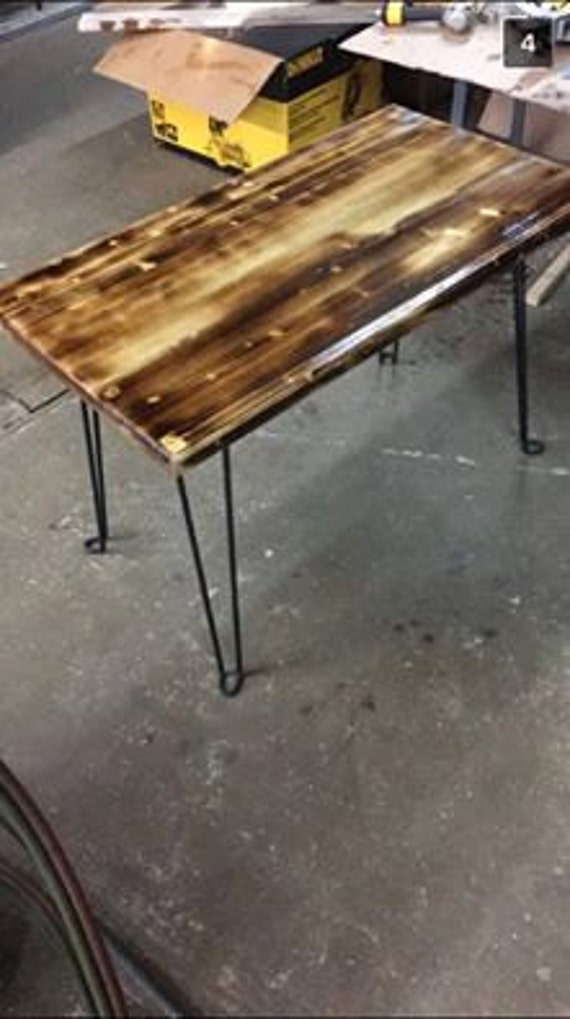 Charred Wood Table With Hairpin Legs Etsy