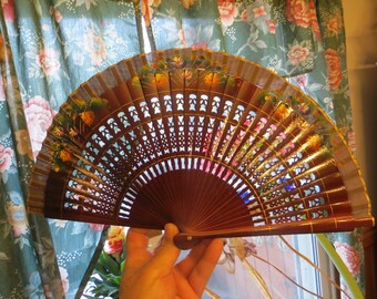 Vintage Wood Hand Painted Hand Fan with Filigree
