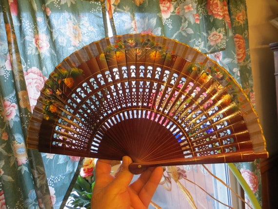 Vintage Wood Hand Painted Hand Fan with Filigree - image 1