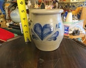 Vintage Rowe Pottery Stoneware Salt Glaze Jar Vase Blue Heart Motif 1994