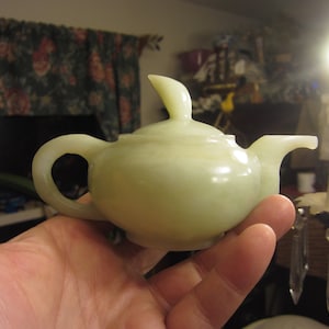 Fine Carved Jade Green Miniature Teapot with Hand Carved Stand
