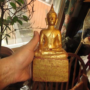 9&quot; Antique Buddha statue, Lanna Thai carved wood, gilded, gold and red, seated