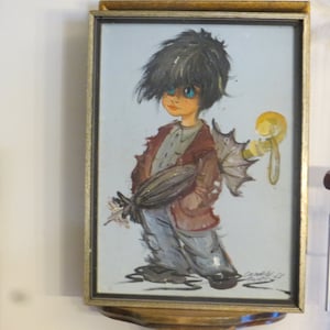 Big Eyes Girl or Boy Signed Oil Painting, Original 1960s-70s