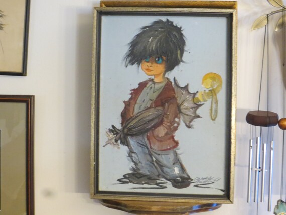 Big Eyes Girl or Boy Signed Oil Painting, Original 1960s-70s, Please Read Description
