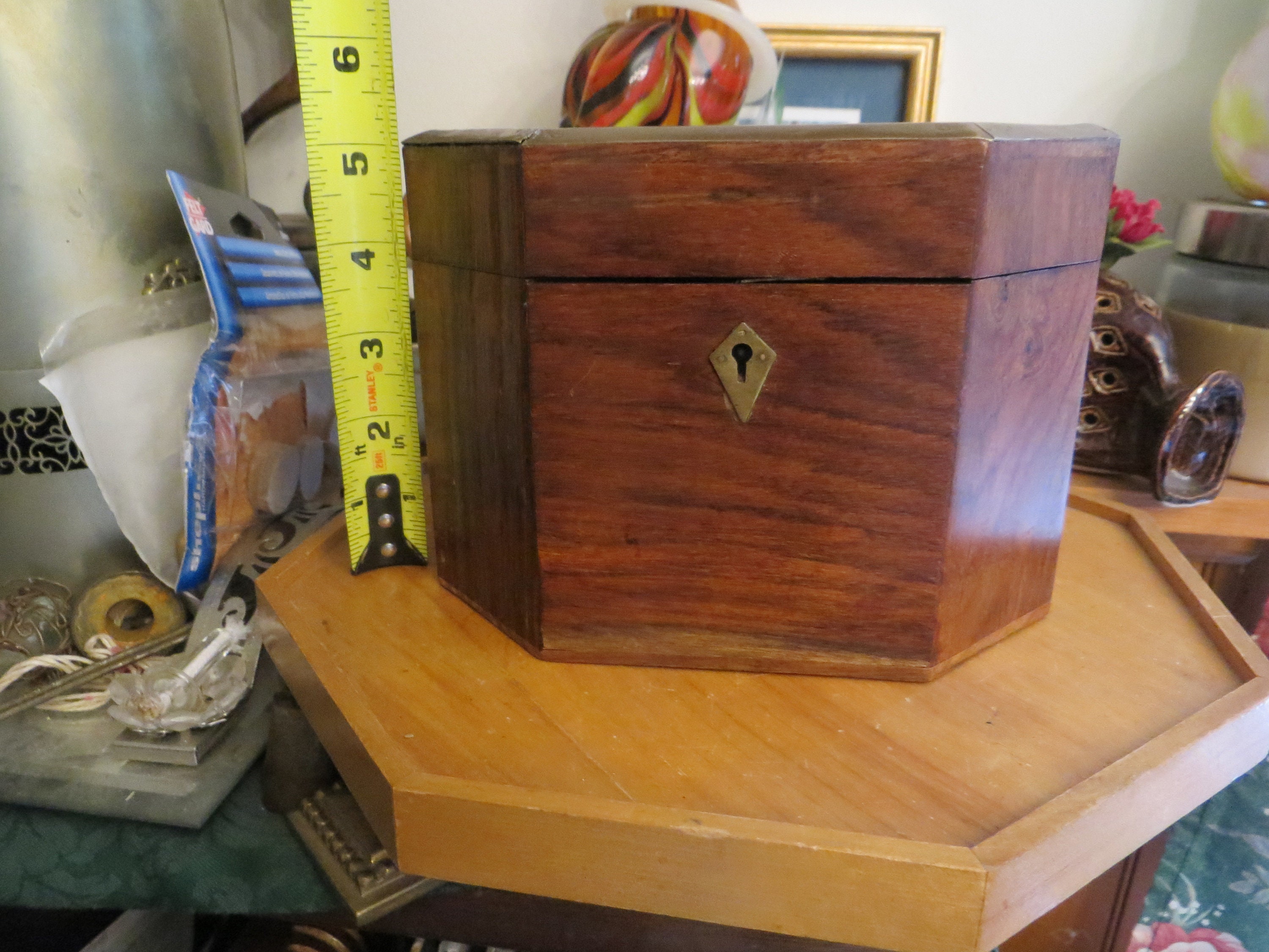 Antique Octagon Wood Tea Caddy with Brass Edging, Please Read Description