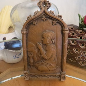 Vintage Religious Wall Art Plaque, Faux Wood Carved Relief Child&#39;s Prayer Plaque