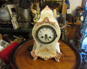 Antique 19th C. French China Shelf Clock, Porcelain Dial, For Restoration, Please Read Description