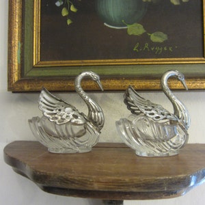 Pair glass swan salt cellars