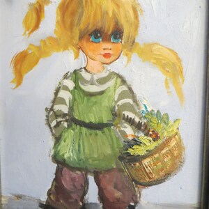 May include: A painting of a young girl with blonde pigtails and large blue eyes. She is wearing a green and white striped dress and holding a basket of flowers.