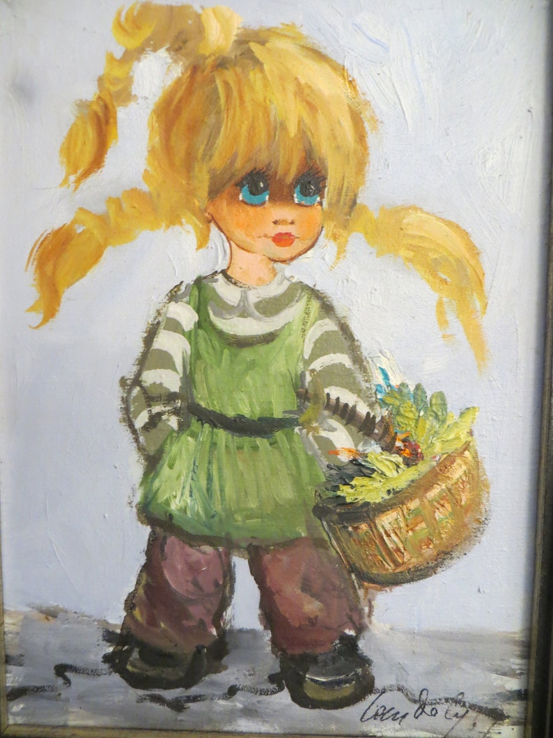 May include: A painting of a young girl with blonde pigtails and large blue eyes. She is wearing a green and white striped dress and holding a basket of flowers.