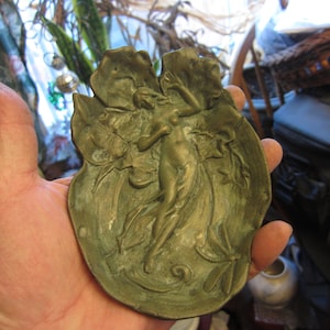 Art Nouveau Bronzed Nymph Pin Dish, Antique Dressing Table Tray