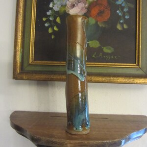Pottery Bud Vase, 6&quot; tall, Gazed, Feathers