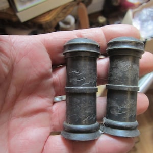 Pair of Antique engraved etched metal salt & Pepper shakers, victorian, butterfly flower motif
