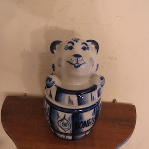 Russian Honey Jar Porcelain Honey Bear, blue & white