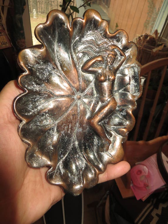 Antique Ashtray, Sexy, Figural, Nouveau, Deco Woman, Copper Wash
