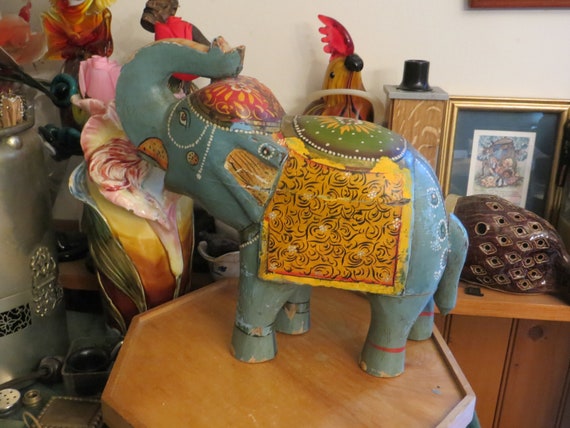 10" Hand Carved Wood Elephant Statue, Old Distressed Figurine, Please Read Description
