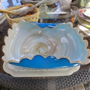 Vintage Art Glass Bowl Blue with Gold and White Swirls