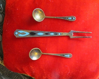 Russian 875 Silver Gold Plated, Enamel Spoons and Fork Set