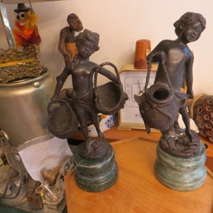 Vintage Bronze S. Bizard Sculpture of Girl w/ Baskets or Bronze Boy Water Bearer