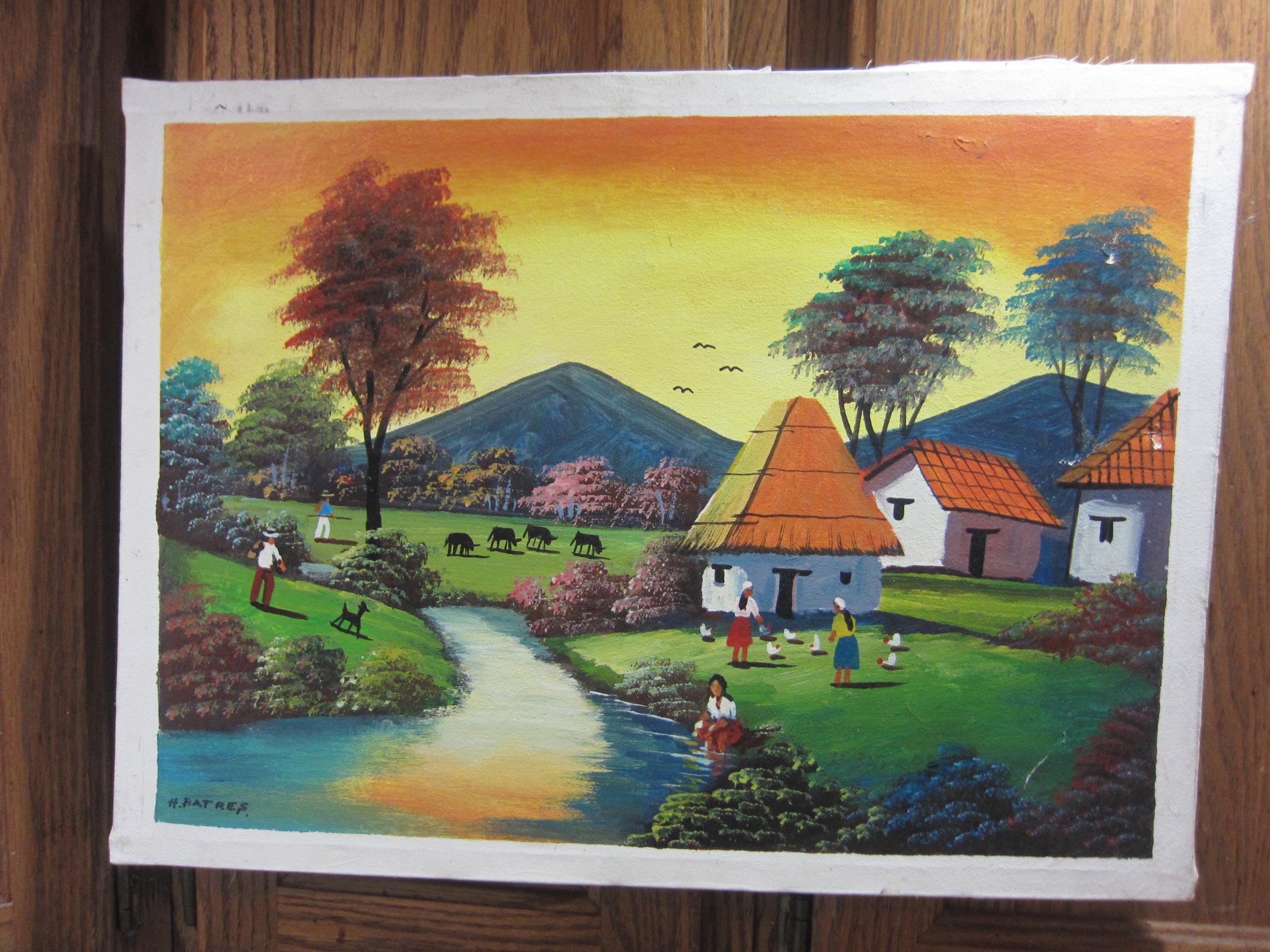 Oil on Canvas by H. Batres, Island Village Scene Folk Art - Etsy