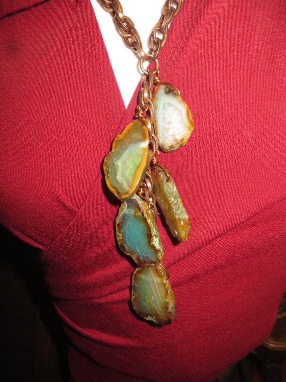 Geode Agate necklace copper chain, Vintage 