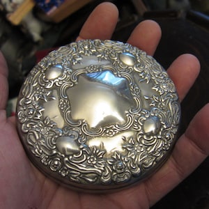 Vintage Crystal Glass Powder Jar with Mirrored Lid Repousse Silver Plated Top