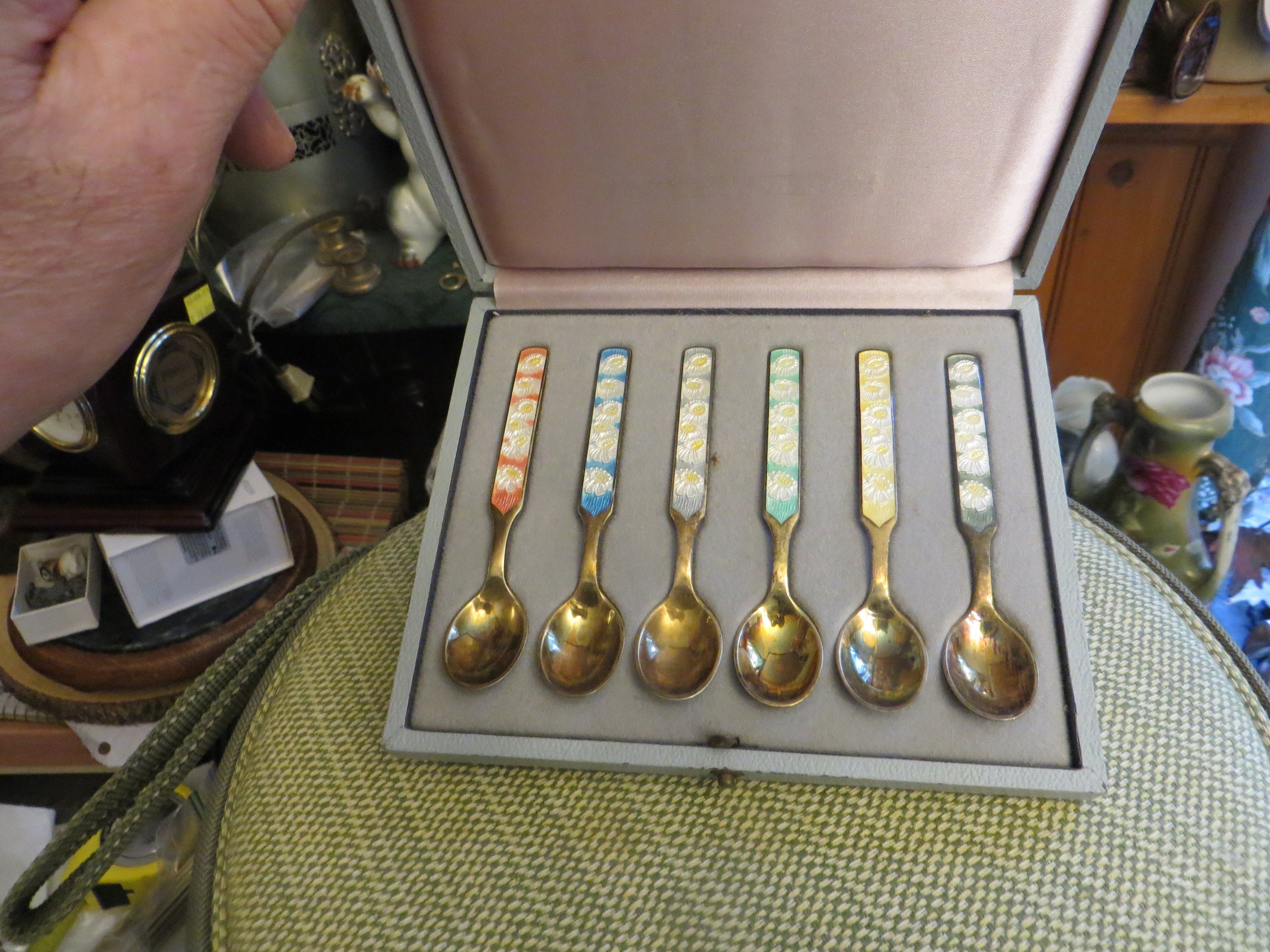 A. MICHELSEN ギョーシェ エナメル スプーン 6本セット Danish A. Michelsen Sterling Silver Enamel Boxed 6 Spoons, Please