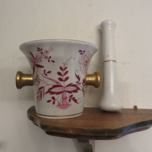Antique Vintage Porcelain Hand Painted Mortar & Pestle, Signed