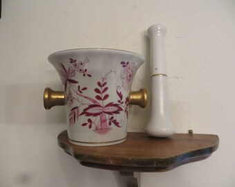Antique Vintage Porcelain hand painted Mortar and Pestle Set signed w/ free ship