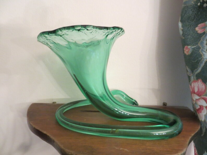 Vintage Green Glass Vase Swirl Stem Trumpet Hand Blown