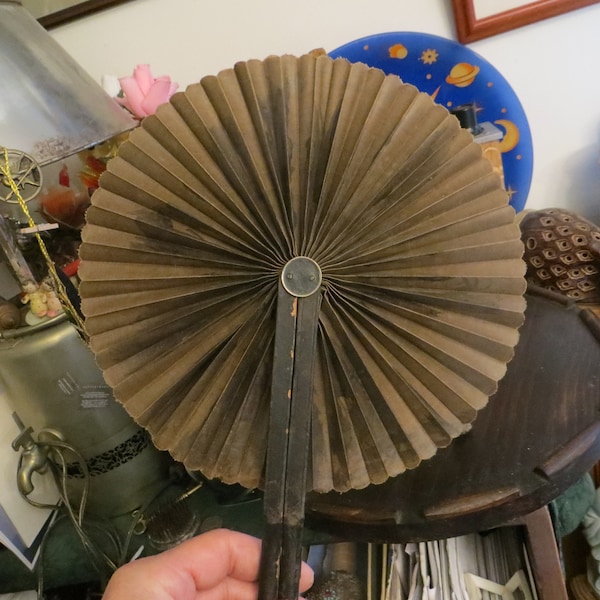 Antique Victorian Mourning Fan, Round Folding Handheld