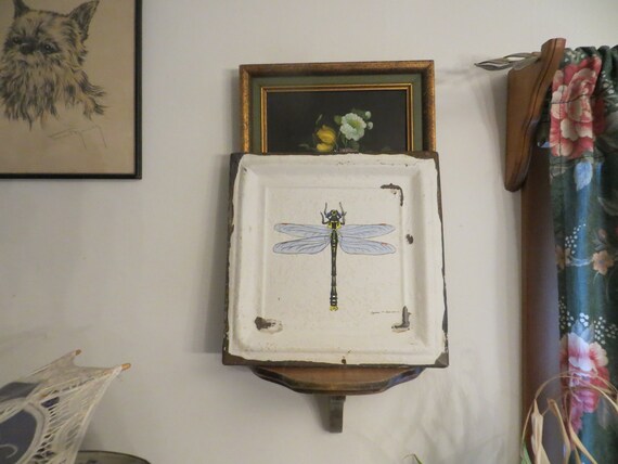 Hand Painted Antique Ceiling Tile Dragonfly 11 X 11 Artist Signed
