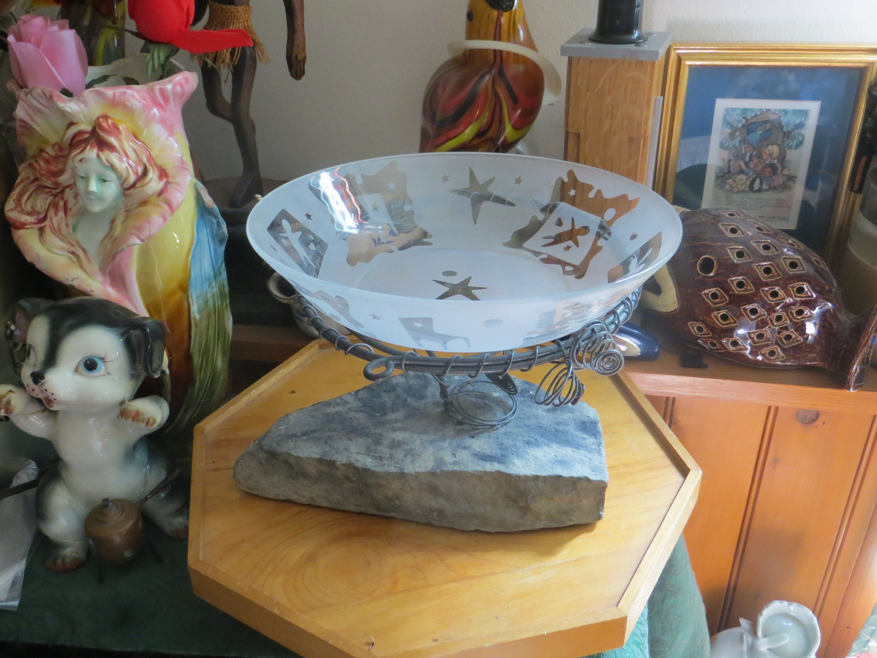 Glass Bowl with Stone & Metal Spring Base, Please Read Description