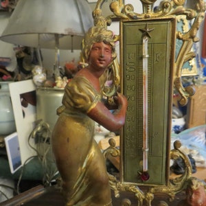 10&quot; Tall Painted Metal Art Nouveau Figural Thermometer