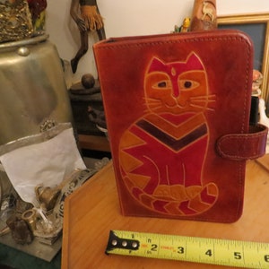 Vintage leather 6 ring binder with cats front and back